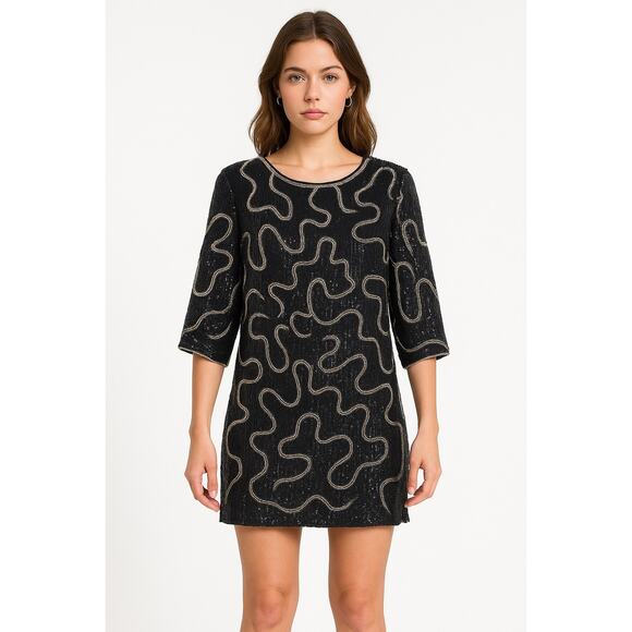 Vintage Michelle Yim for Zimble Silk Beaded Mini Dress Black Pearl 80s Glam M - Picture 1 of 16